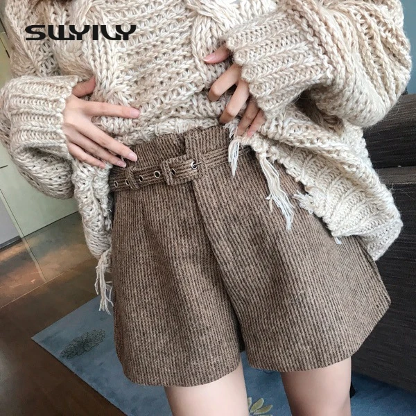 Женские короткие брюки SWYIVY зимние шерстяные теплые шорты женские Ретро плотные с
