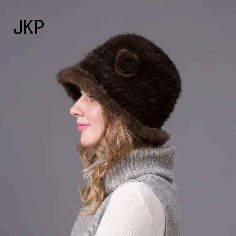 JKP 2018 зимняя женская теплая шапка стильная вязаная норковая меховая с цветами