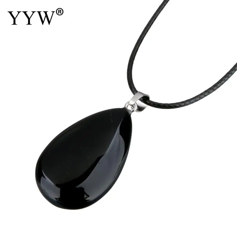 black agate Лидер продаж YYW женский натуральный драгоценный камень КАПЛЕВИДНАЯ кожа веревочное ожерелье-чокер Малахит кварц опал розовый камень кулон ожерелье s - Окраска металла: black agate