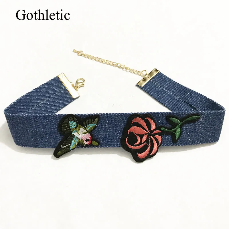 Модный новый голубой джинсовый чокер gotetic 2019 ожерелье с цветочной вышивкой птицы