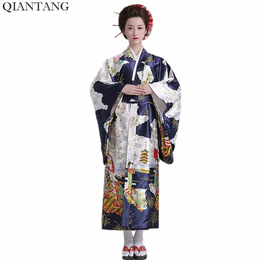 Женское кимоно с Оби темно-синее вечернее праздничное платье в японском стиле