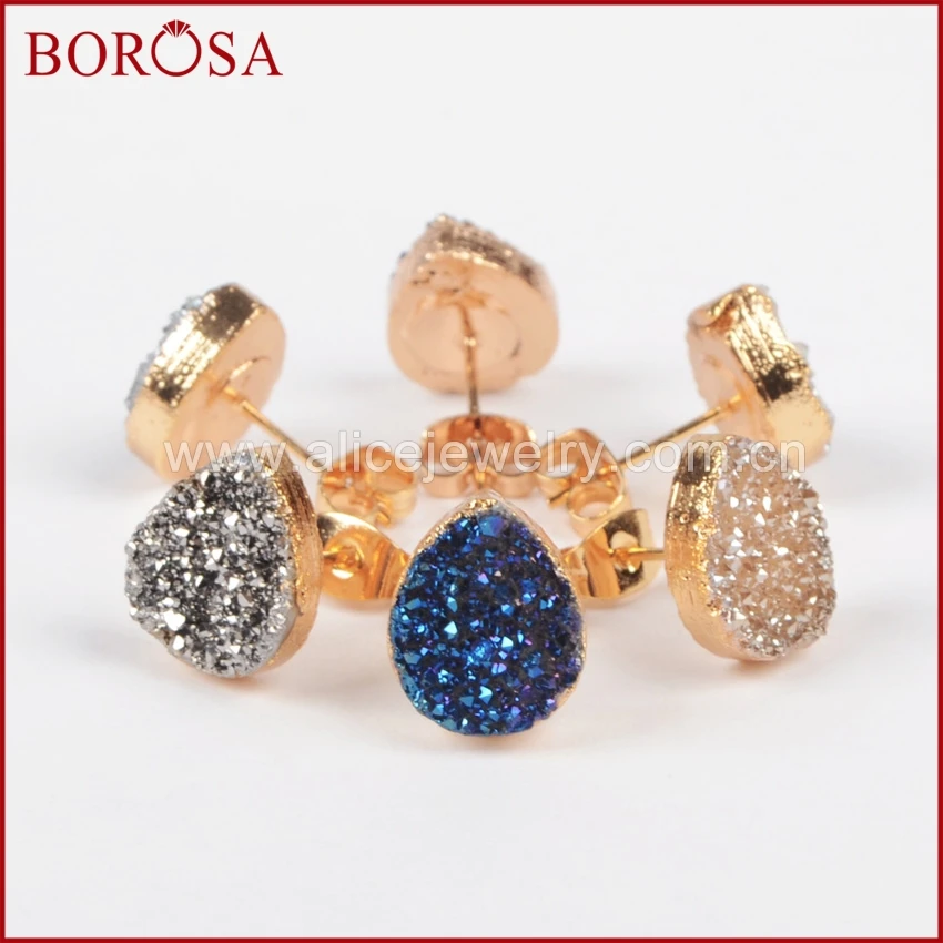 

BOROSA Trendy Teardrop Natural Crystal Stud Earrings,1pair Gold Color Natural Agates Titanium Rainbow Color Druzy Earrings G0912