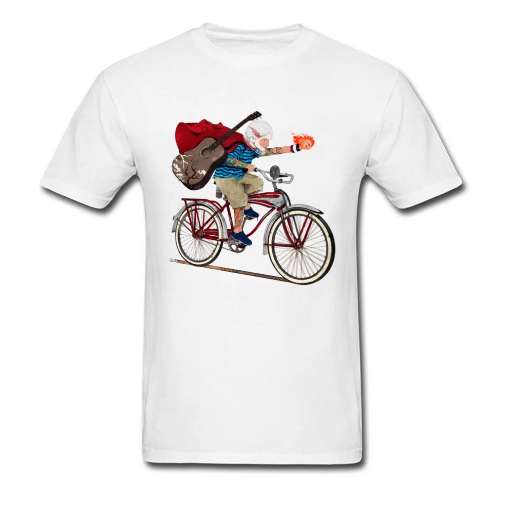 Фото Мужская белая футболка с героями 21 го века зомби гитарой велосипедным наездником