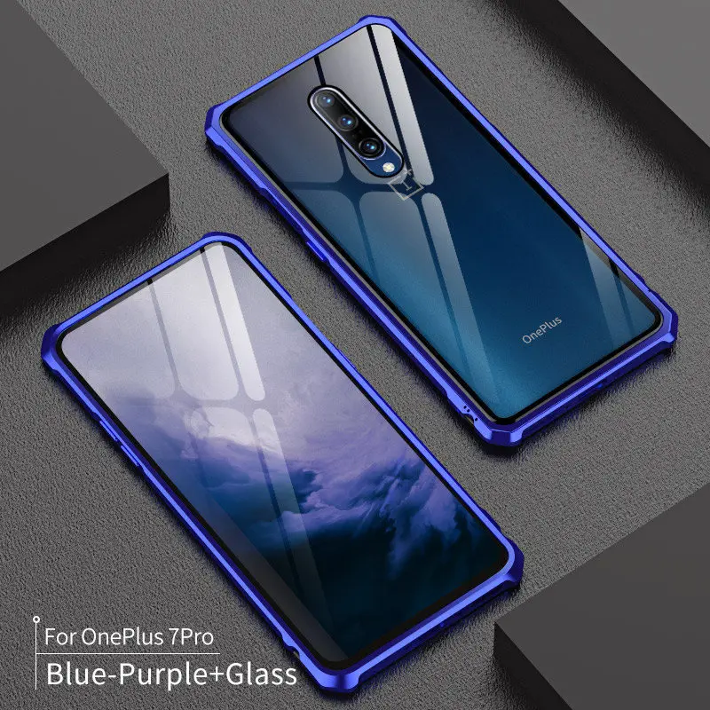 Роскошный Жесткий Защитный металлический бампер чехол для Oneplus 7 Pro противоударный 9H чехол из закаленного стекла для One Plus 7 Pro Полное стекло - Цвет: Blue