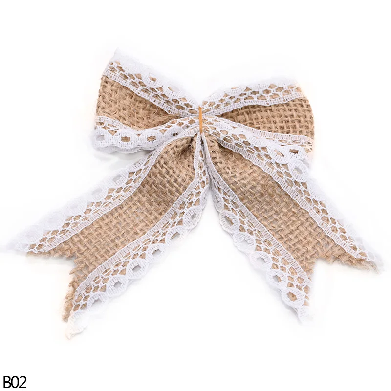 B02 5/10pcs Jute Bow Vintage Natural Jute Burlap Hessian Bows Lace Ribbon Trim for Wedding Decoration Home Sewing Hat Accessories 8z - Цвет: B02
