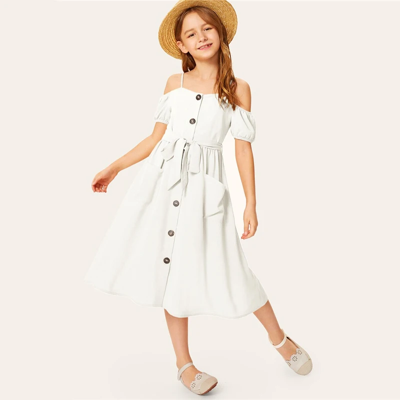 SHEIN/детское однотонное платье для девочек с открытыми плечами и одной пуговицей спереди, с поясом, платье в стиле бохо,, летние платья миди с короткими рукавами для отдыха