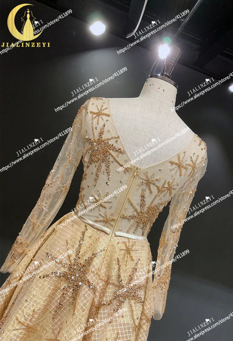 JIALINZEYI Real Pictures Champange lace and Gold Beads Long Sleeves Knee Length vestido de noiva Party Dress Prom Dresses