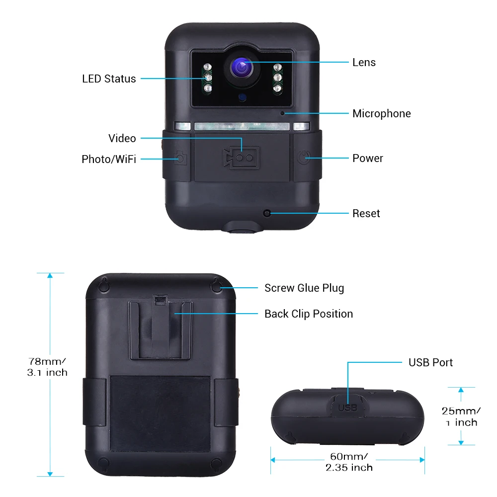 Boblov Wi-Fi камера для тела 32GB WN11 1296P Novatek 96658 Ultra HD полицейская с поворотом на 360