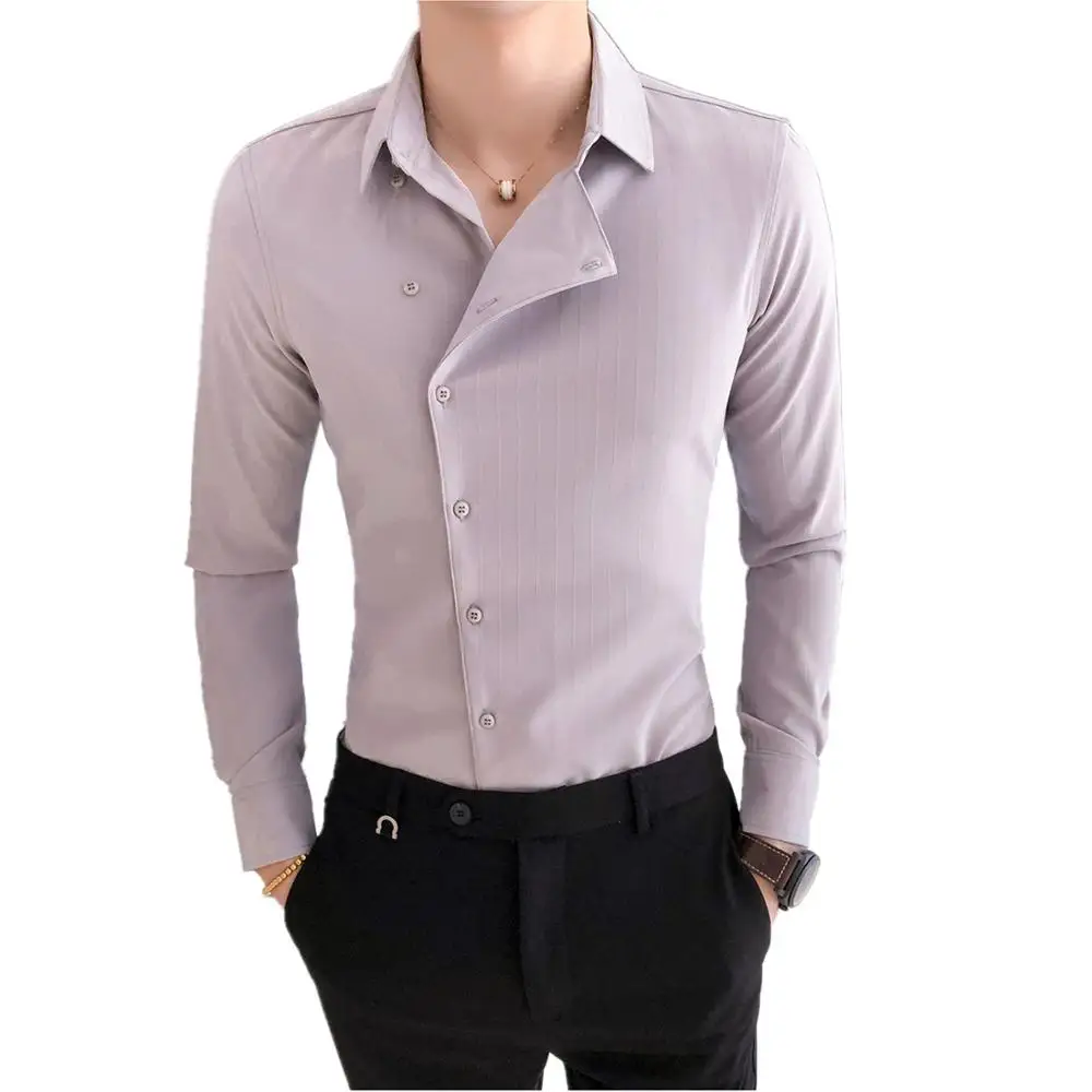 Высокое качество Нерегулярные кнопки сплошной цвет рубашка платье Slim Fit Мужские
