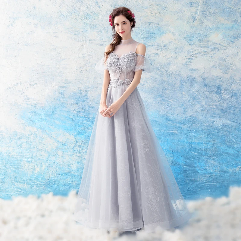 Серый Вечерние платья Топ See Through Кружево Аппликации линии Vestiti Eleganti Donna Cerimonia Sera