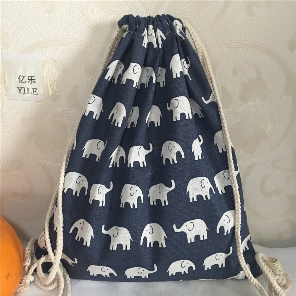

YILE NEW Handmade Navy Blue Cotton Linen Drawstring Travel Backpack Student Book Bag Printed Elephant B418