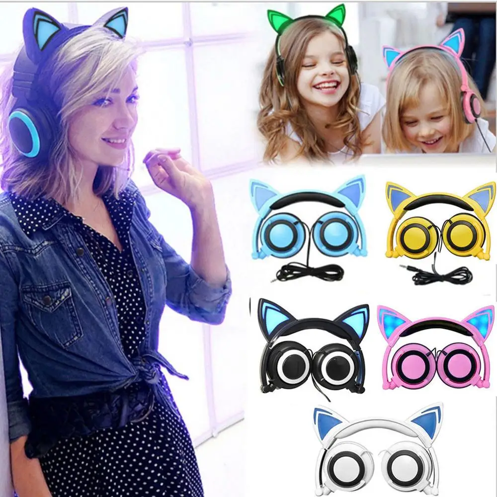 Наушники с кошачьими ушками Bluetooth стерео наушники детские светящиеся милые