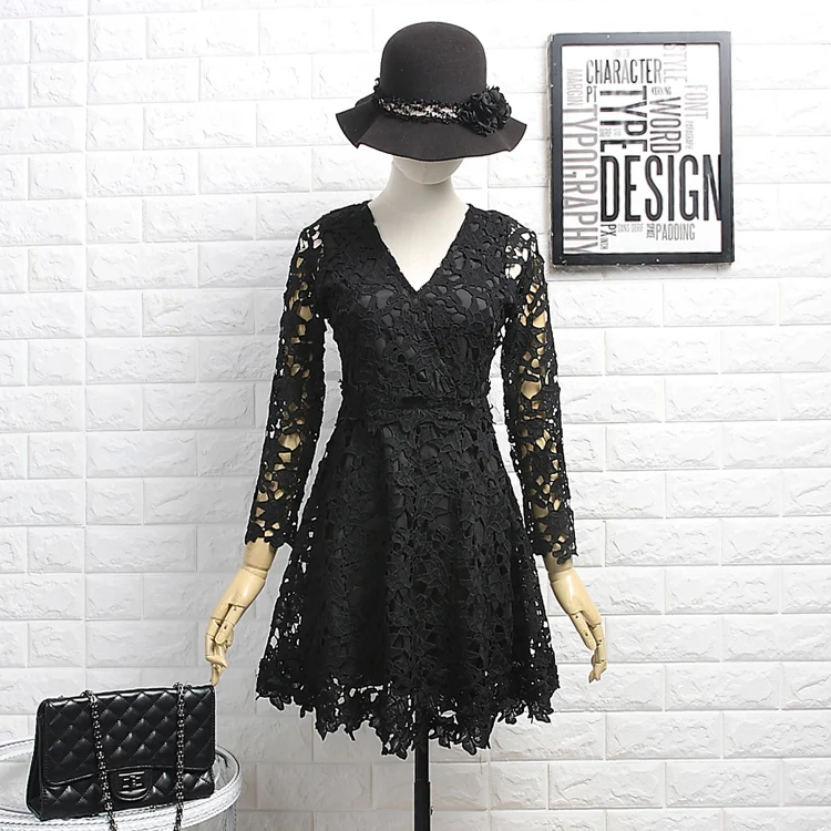 Женское кружевное мини-платье с длинным рукавом и V-образным вырезом | Женская