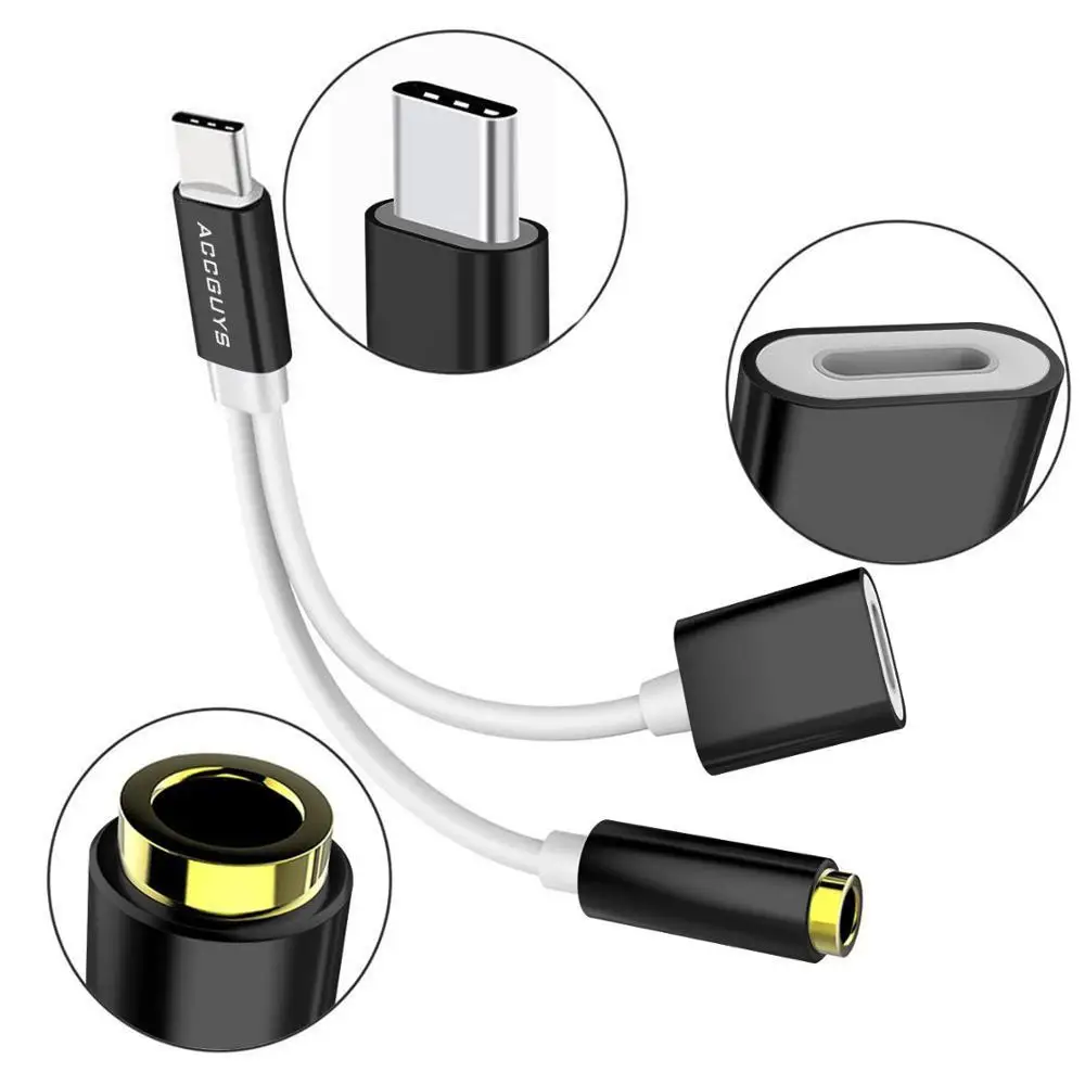 ACCGUYS 2 в 1 Тип usb C до 3,5 мм женский гнездо для подключения наушников кабель постоянного тока зарядный адаптер вызова для Xiaomi 6 huawei P20 samsung S8 S9 - Цвет: black