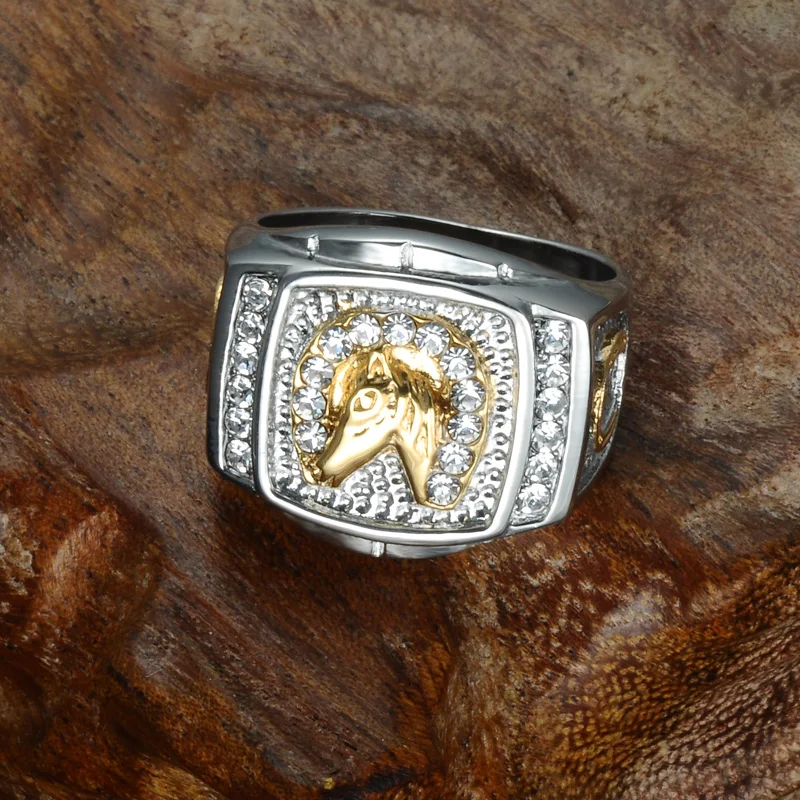 Хип-хоп IP Позолоченные микро проложенные Стразы Iced Out Bling кольцо с изображением лошади титановые кольца из нержавеющей стали для мужчин и женщин ювелирные изделия