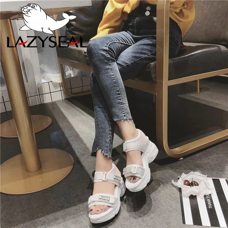 LazySeal; Новинка; босоножки на танкетке; женская обувь из блестящей ткани; Босоножки на платформе на застежке-липучке; обувь на толстой подошве; женская обувь; sandalias