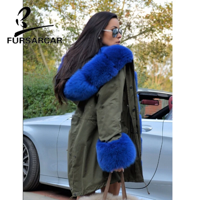 

FURSARCAR Real Fur Coat Women Military Style Luxury Winter Thick Warm Fur Parka For Female With Fox Fur Trim Hood And Cuff