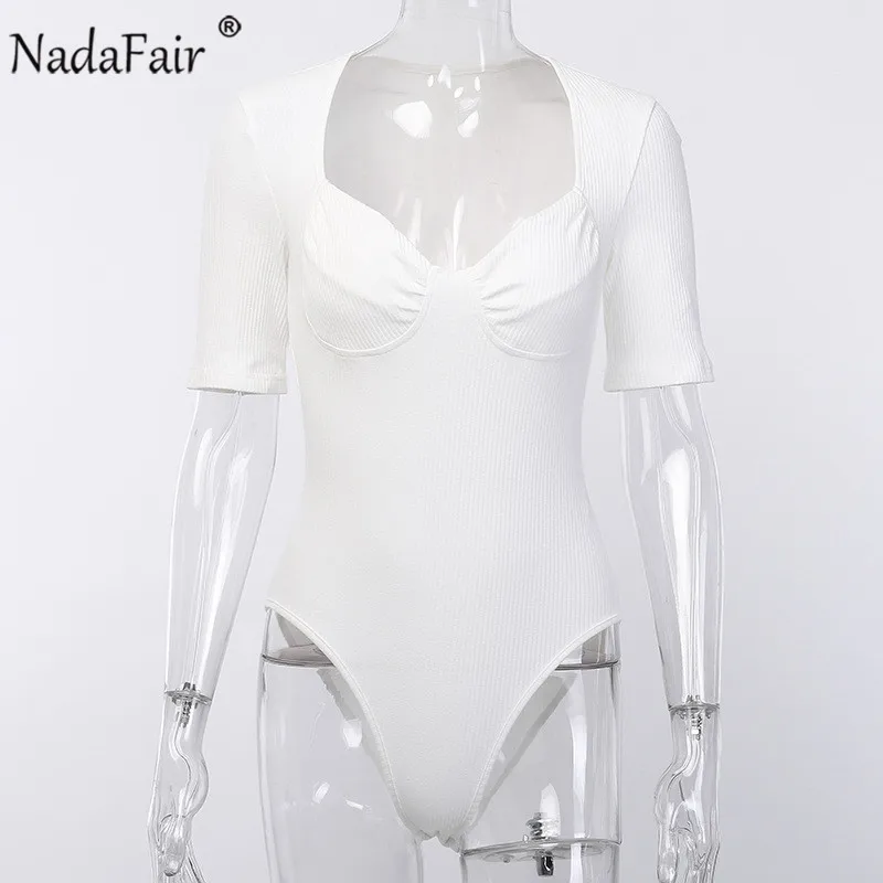 Nadafair, белый, черный, u-образный вырез, женский, короткий рукав, сексуальный, боди, ребра, обтягивающий, Повседневный, вязаный, боди, комбинезоны, базовые Топы