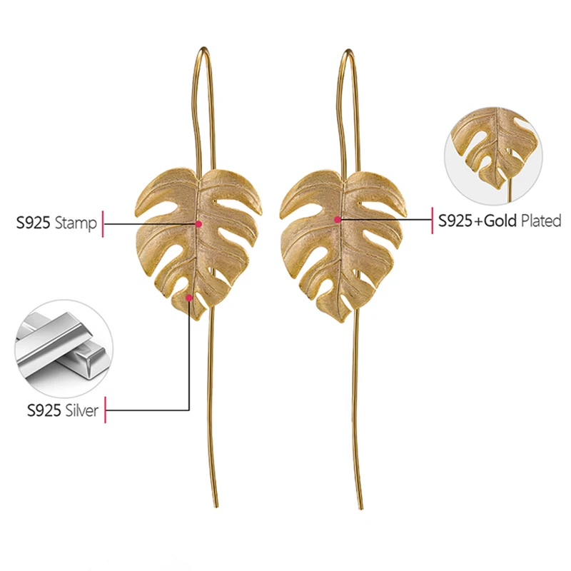 Lotus Fun Настоящее 925 пробы серебро Креативный дизайн ручной работы ювелирные украшения 18 К Золотые листья монстеры Висячие серьги для женщин Bijoux