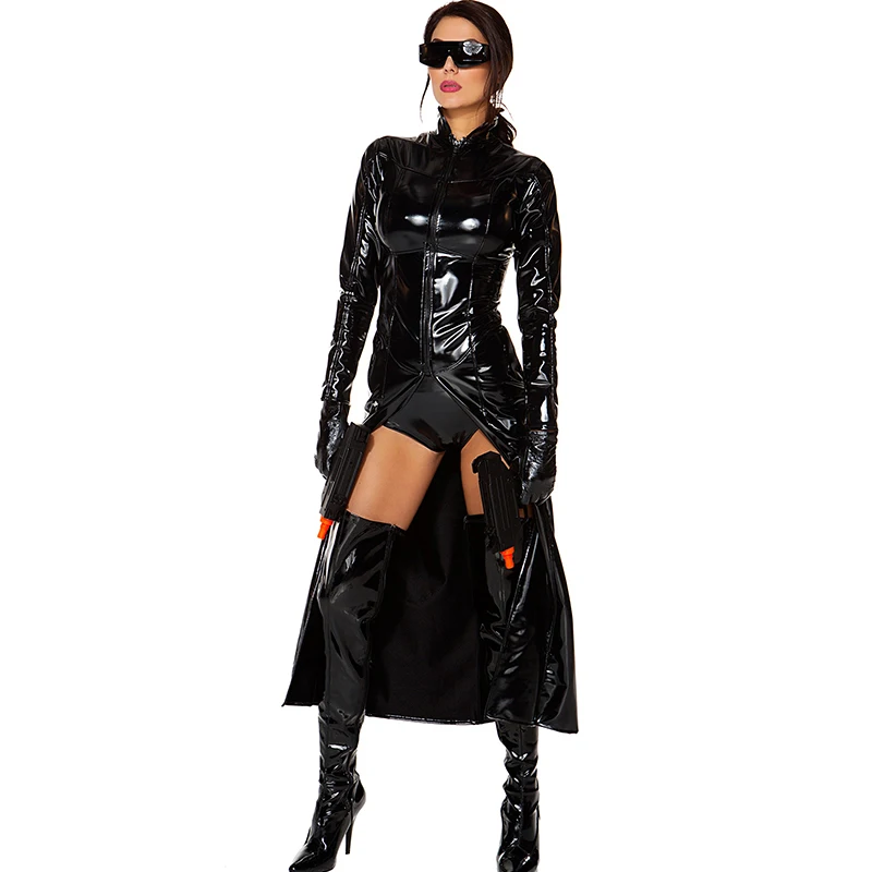 

Women's Faux Leather Halloween Reloaded Costume Sexy Black Wetlook Bodysuit Cosplay Club Wear Vinyl Catsuits Open Crotch Catsuit