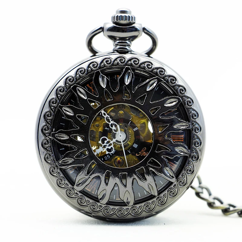 Exquisite Sunflower Sun Skull Mechanical Pocket Watch Vintage Steampunk Manual Chain Necklace Pendant Accessory Clock Gift