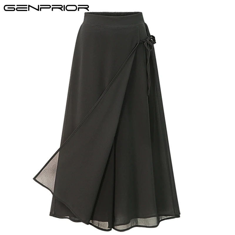 black GENPRIOR женские черные шифоновые свободные брюки женские широкие брюки нового размера плюс эластичная талия длиной до середины икры юбка брюки - Цвет: black