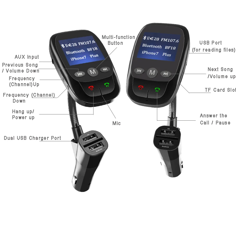 Автомобильный fm-передатчик, Bluetooth, беспроводной автомобильный радиоприемник, автомобильный комплект, AUX, Bluetooth, громкая связь и двойное USB зарядное устройство, поддержка TF карты и u-диска