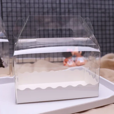 10set Clear Plastic Bakery Cookies christmas board holder Boxes container roll cake paper packaging baking with pad handle