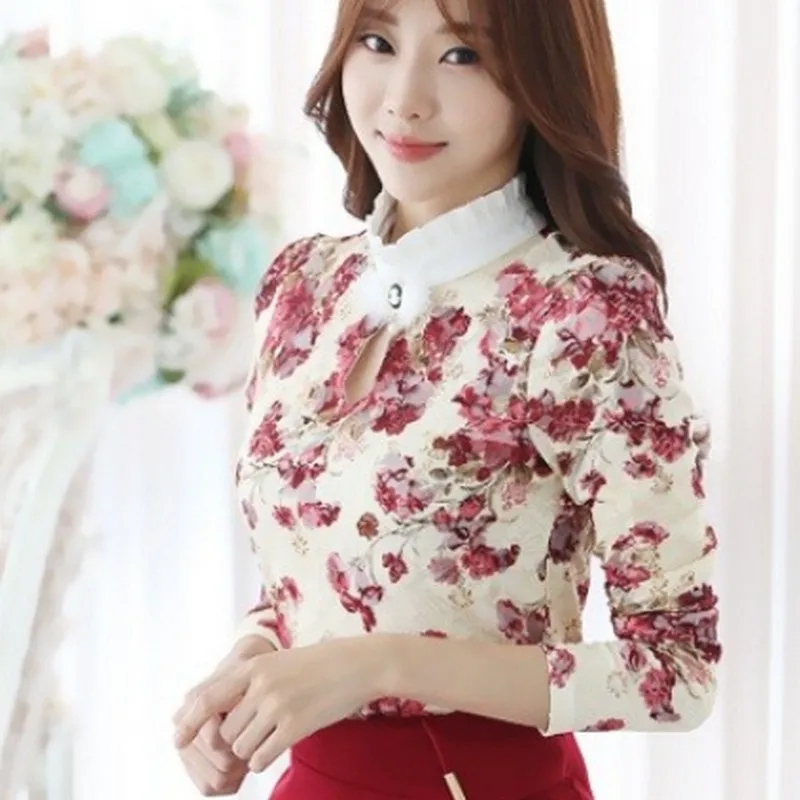 EXOTAO Fashion Lotus Leaf OL Women Blouse Slim Printing Camisas Mujer S-3XL Korean Style Long-sleeved Female Lace Shirt |
