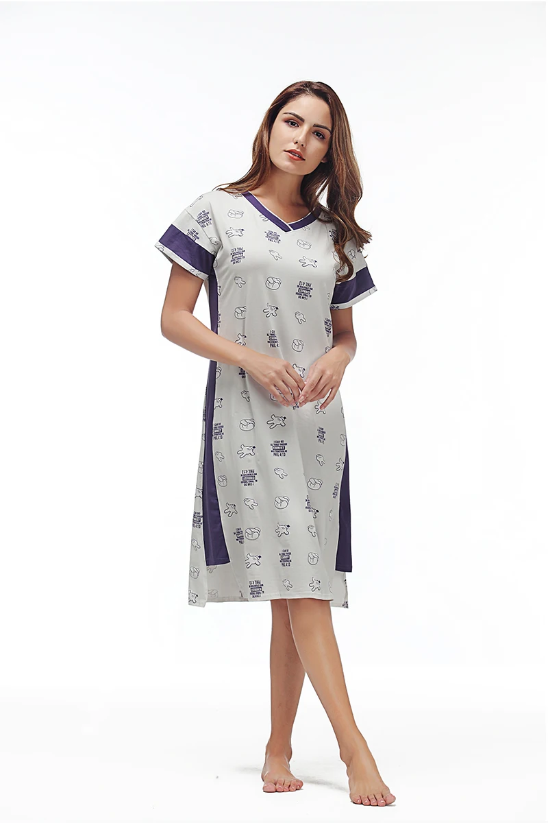 Yusano Cotton Nightgowns for Women V-Neck Nightshirt Short Sleelve Sleep Dress Cute Printed Sleepshirt Casual Nightwear