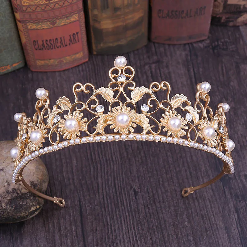 

Gold Flower Bridal Tiaras Wedding Hair Accessories Pearl Women Crown Headpiece Sunflower Bride Hair Jewelry Hair Decorations LB
