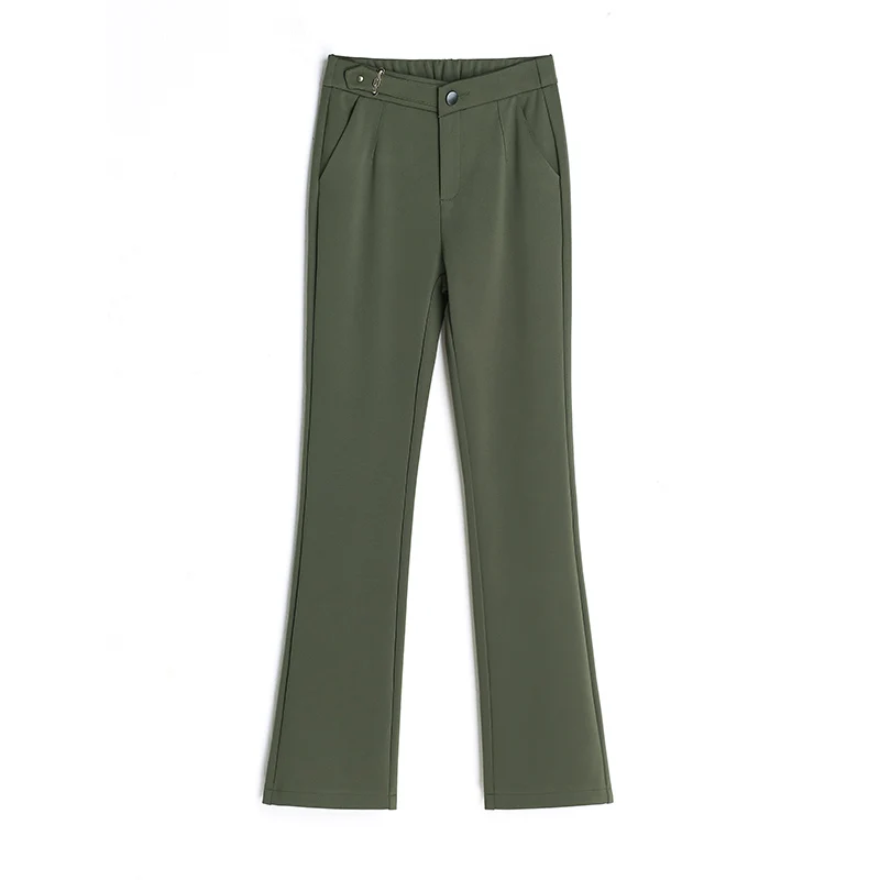 

Elegant Ladies Trousers Autumn Winter Fashion Metal Buckle Decorate High Waisted Pants Casual Fitness Slight Flared Pants Women
