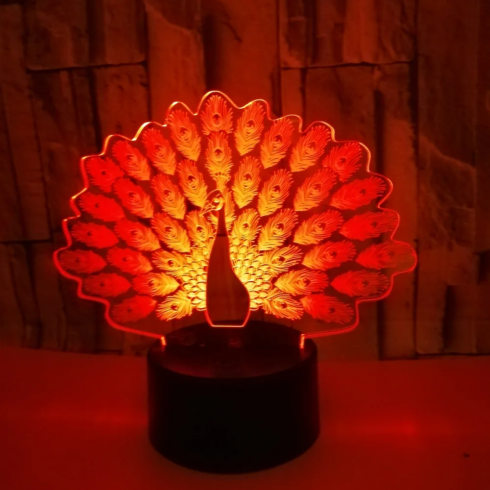Павлин 3d лампа семь цветов Изменение 3D Led визуальный подарок маленький ночник