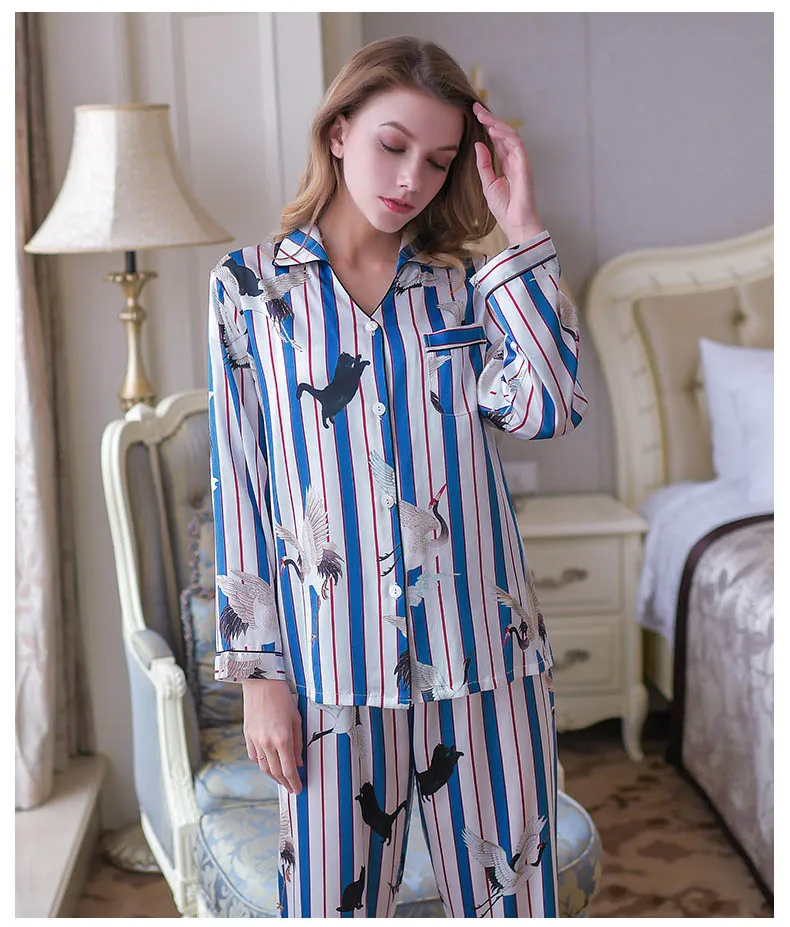 Новинка Шелковая пижама тутового цвета, набор женских элегантных пижам с длинными рукавами, цветные шелковые пижамы с принтом, повседневная домашняя одежда