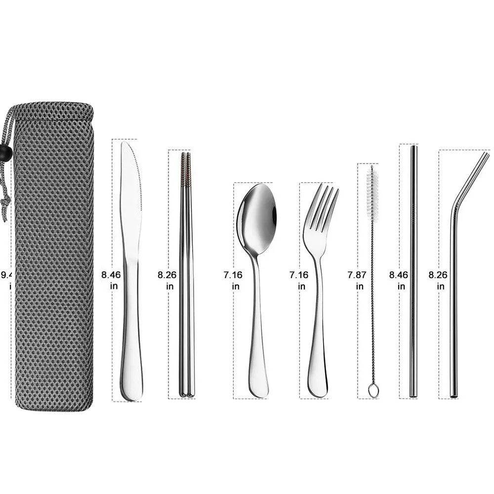 Cutlery Set D Многоразовая посуда из серебра, металлическая соломинка, ложка, вилка, палочки для еды, соломинка, набор посуды для путешествий, кемпинга, набор столовых приборов - Цвет: Cutlery Set D