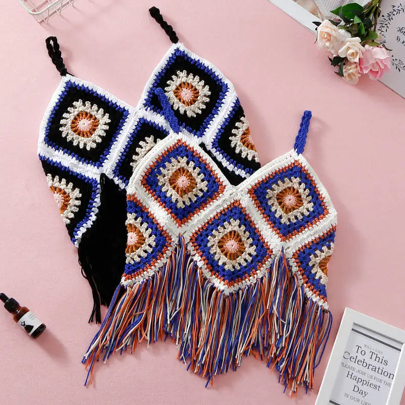 Boho укороченный Топ для женщин без косточек с кисточками пляжные топы крючком бандо бюстье на бретелях Холтер Богемия обрезанный Топ