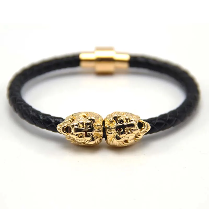 Золото/голова льва круто браслет для мужчин и женщин плетеные кожаные браслеты с