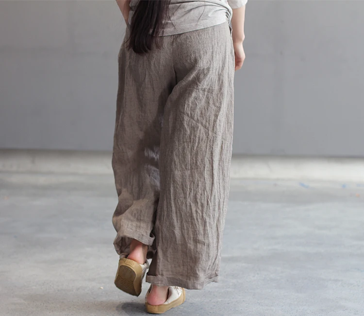 LinenAll original women's spring and summer thin 100% linen apricot coffee small squares straight comfortable casual trousers | Женская