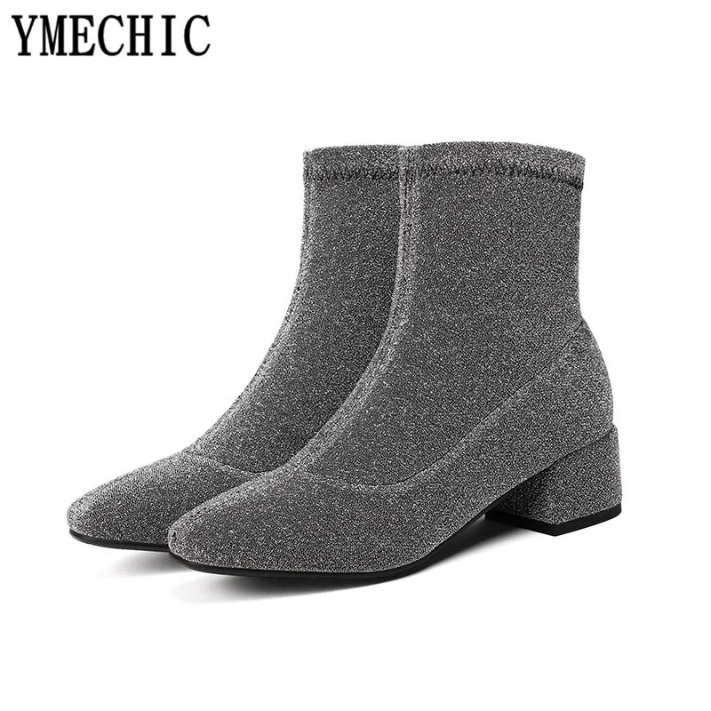 YMECHIC/2018 модные блестящие эластичные женские носки серебристые ботильоны на