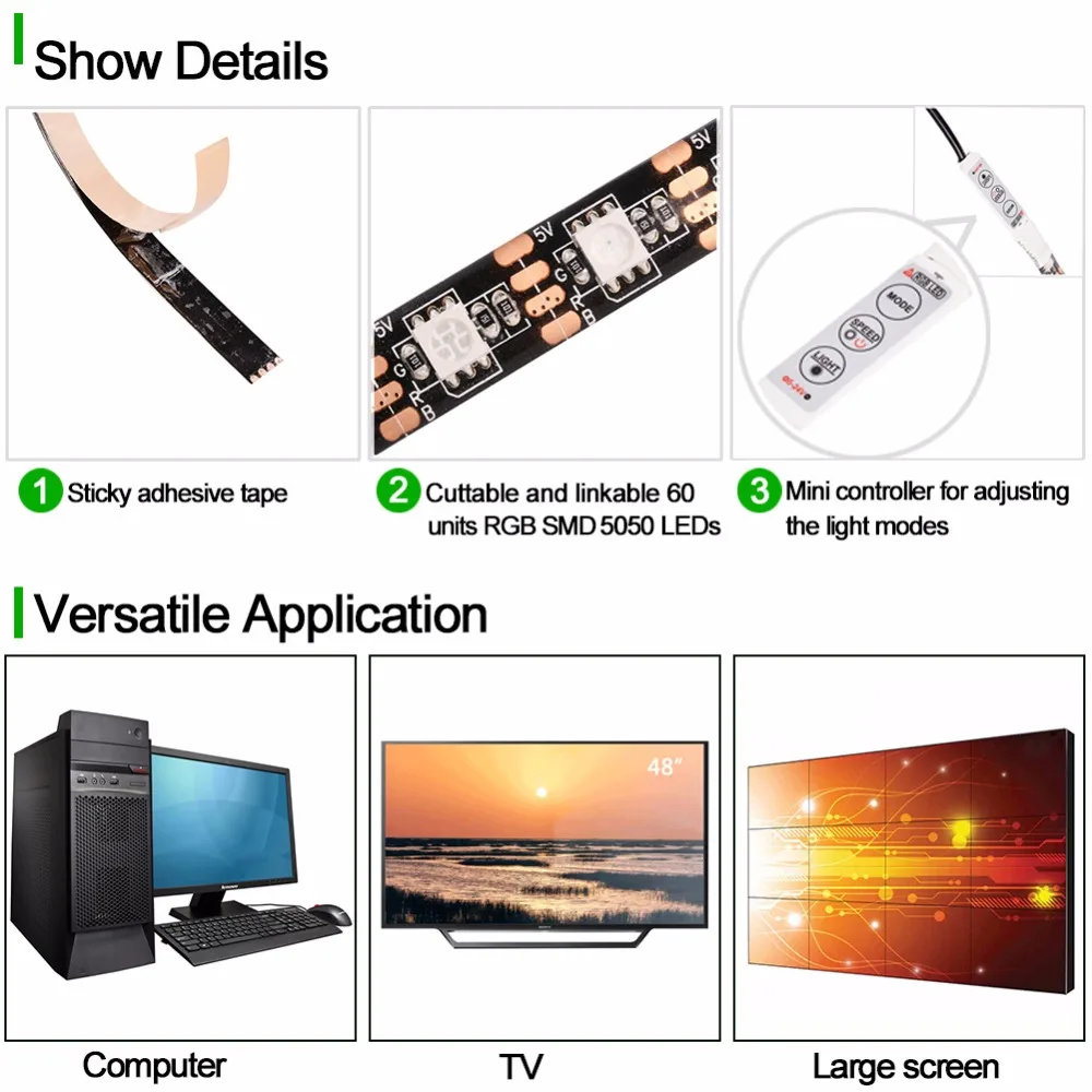 Светодиодная лента Lumiparty 1 м 60 светодиодов с usb-портом SMD5050 RGB набор меняющих цвет