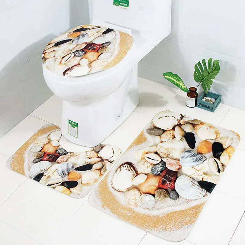 

Zeegle Shell Printed 3pcs Bath Mat Set Non-slip Toilet Floor Mats Bathroom Rugs Flannel Pedestal Rug Toilet Lid Cover Mats