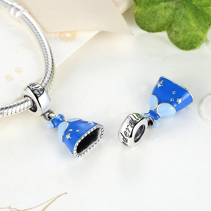 925 Sterling Silver Jewelry Blue Enamel Cinderella Dress Dangle Pendant Charm Fits Pandora Bracelet Necklaces XGPA156 | Украшения и