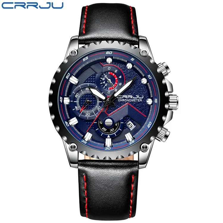 2158A-silver blue CRRJU мужские часы Топ бренд класса люкс кварцевые черные часы мужские повседневные кожаные военные водонепроницаемые спортивные наручные часы Relogio Masculino - Цвет: 2158A-silver blue
