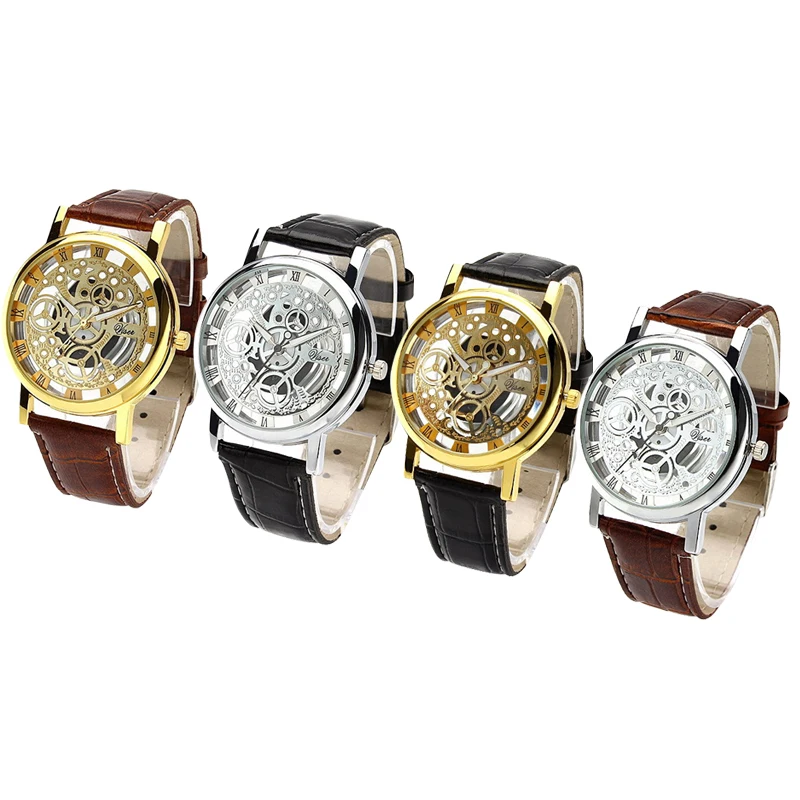 Классические мужские часы с золотым циферблатом кожаный ремешок брендовые