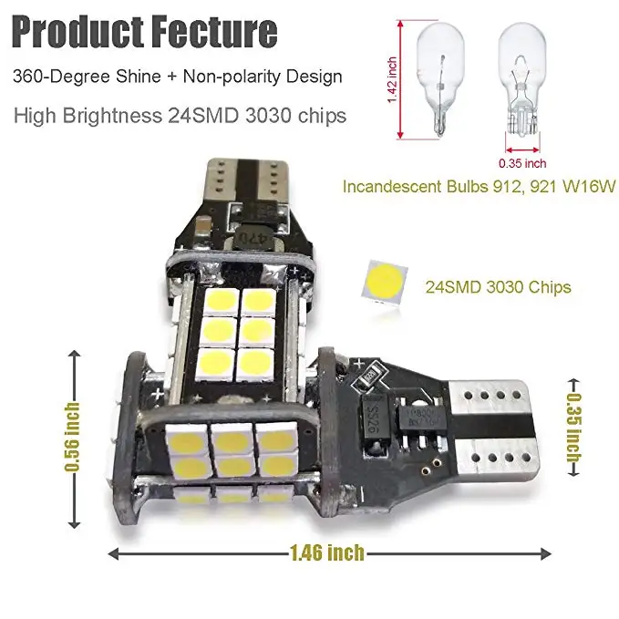 2 шт. T15 W16W 921 912 1200Lm 3030 SMD СВЕТОДИОДНЫЙ CANBUS NO OBC Ошибка резервного копирования