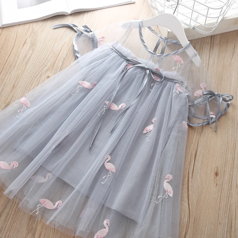 2019 летнее платье для девочек модное принцессы с вышивкой фламинго нарядное