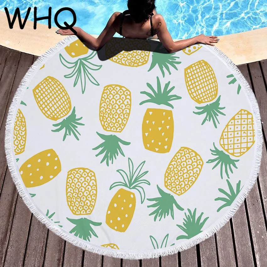 Круглое пляжное полотенце WHQ в богемном стиле с красочными ананасами 150*150 см