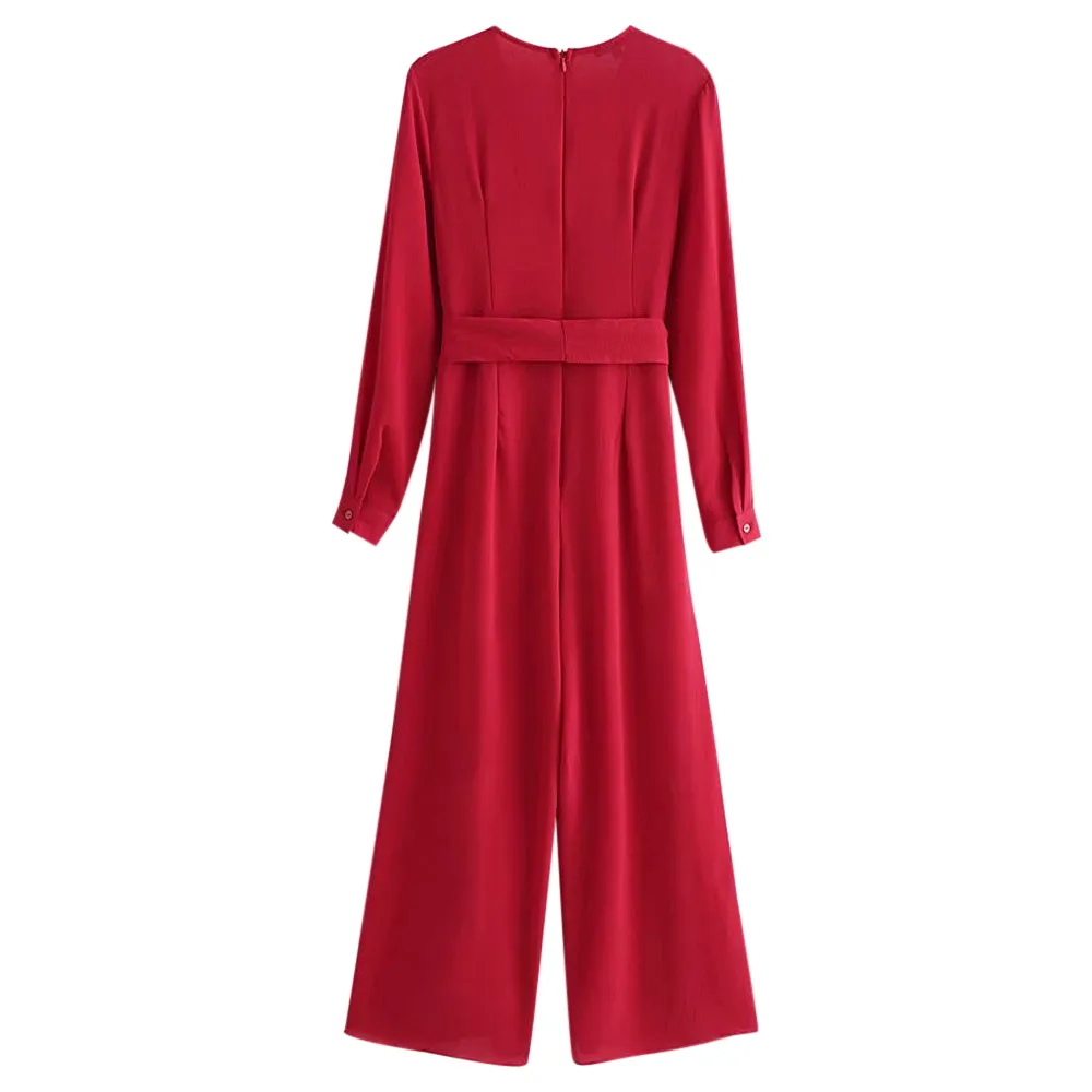 Женский комбинезон VESTLINDA однотонный с глубоким вырезом длинным рукавом поясом и