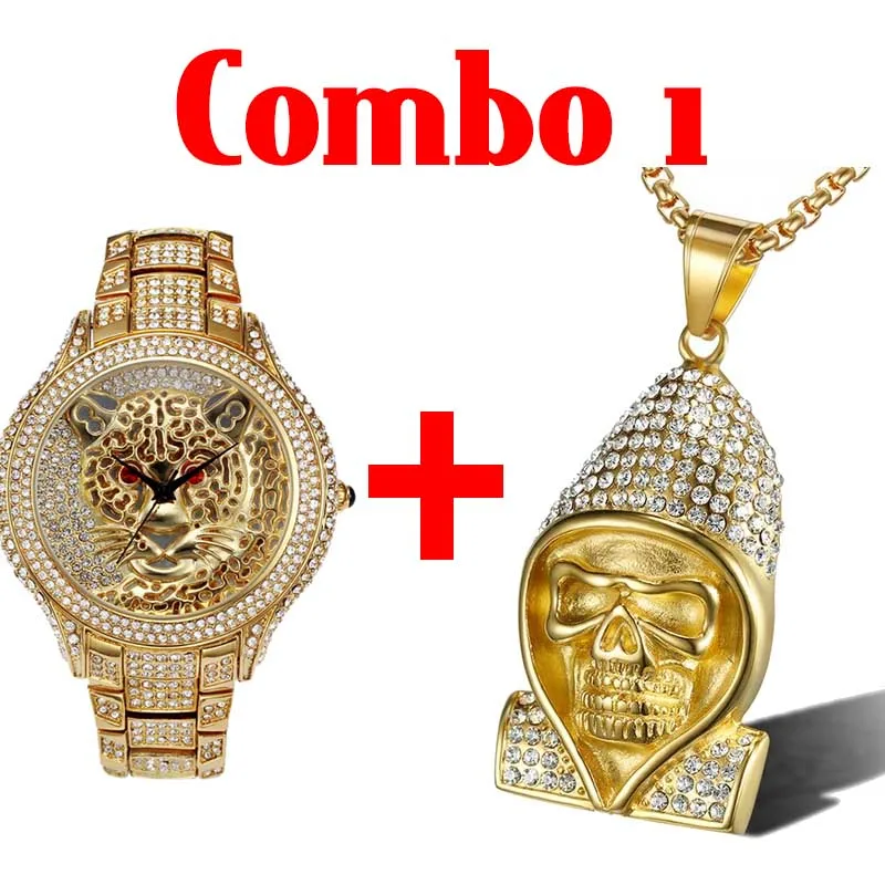 combo 1 Хип хоп Iced Out Полный AAA кубический цирконий Тигр Роскошные мужские часы крест и череп и глаз Provi Dence кристалл кулон комбо набор - Окраска металла: combo 1