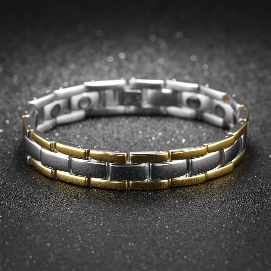 XQNI Healthy Magnetic Men Bracelet Fashion Two Tone Stripe Gold Color Link Chain Stainless Steel Charm Punk Energy Jewelry Gift | Украшения
